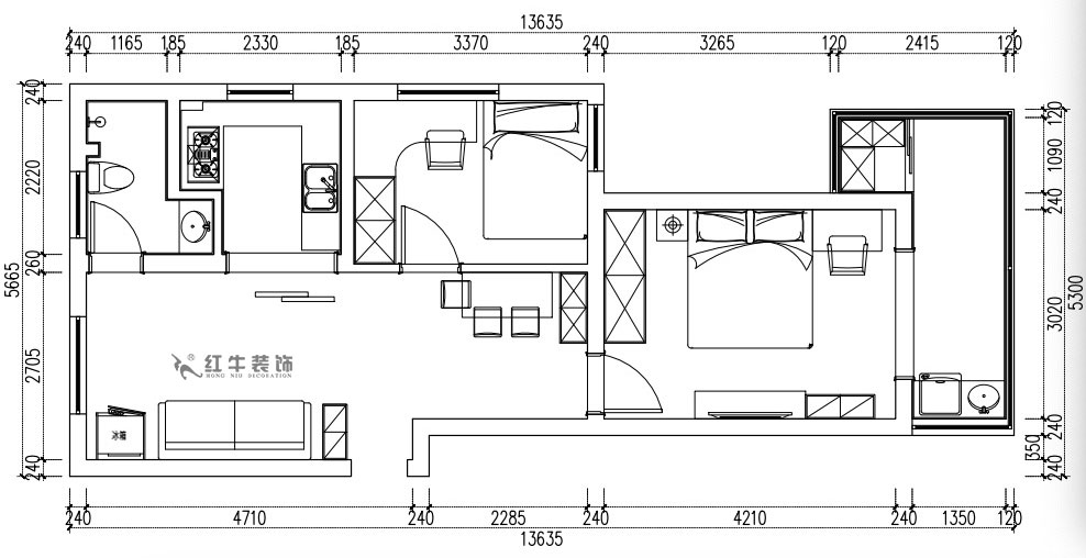 张桐玮｜复成里15-301-66㎡-现代简约风格｜2室1厅1卫｜旧房改造｜定制家￥86000｜全包10万｜00_02平面方案图